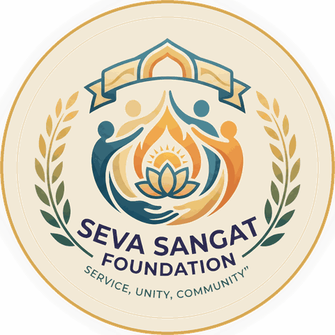Seva Sangat Foundation seal: hands and community figures cradling a lotus and flame, framed by a laurel wreath