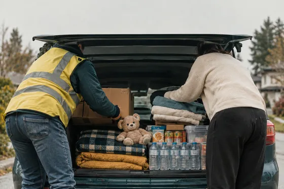 A car boot packed with blankets, bottled water and boxed supplies
