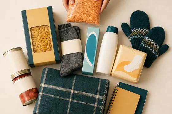 Sealed hygiene items, socks and household basics laid out neatly on a table