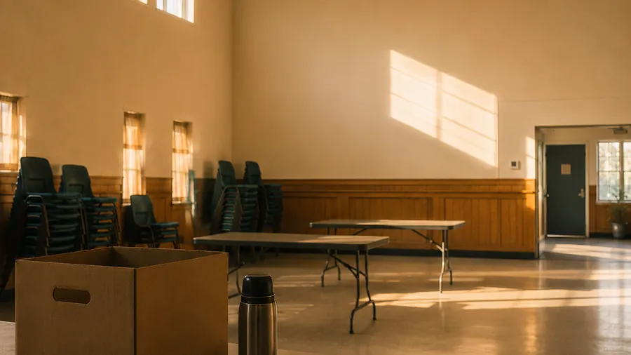 A community hall with the afternoon light coming in, chairs stacked to one side
