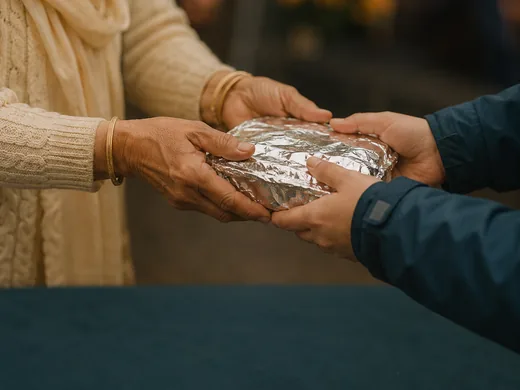 Two pairs of hands, one older and one younger, passing a foil wrapped meal between them