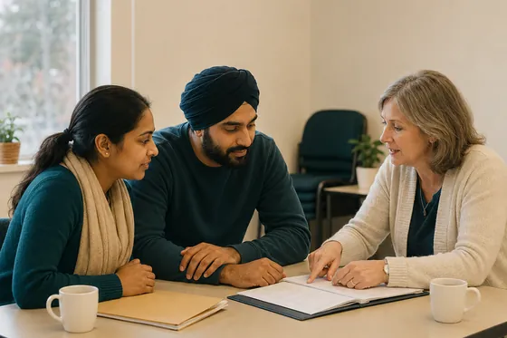 A couple sitting with a volunteer at a table, working through paperwork
