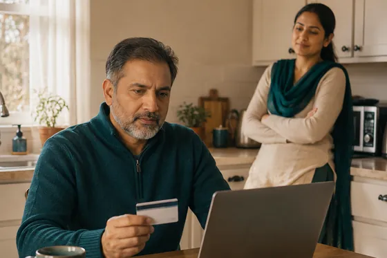 A man at a kitchen table registering online with his health card in hand