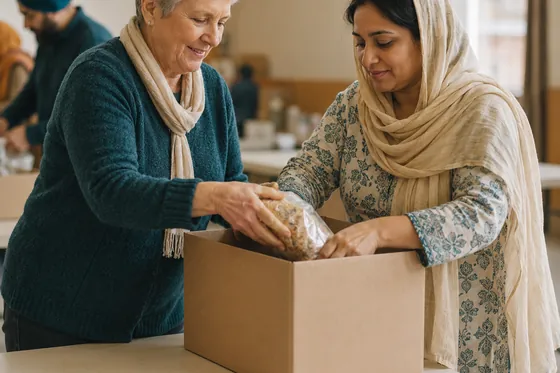 Two women packing sealed groceries into a cardboard box together