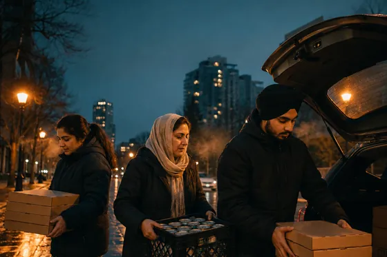 Volunteers unloading stacked pizza boxes and drinks from a car on a wet street at night