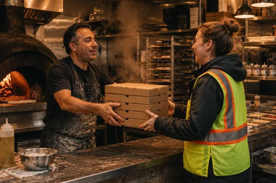 A chef handing a stack of pizza boxes across the counter to a volunteer