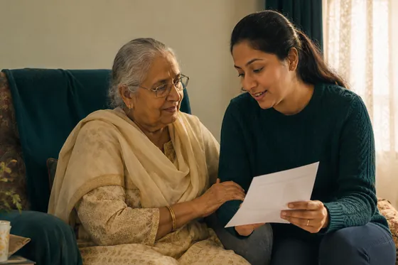 A younger woman sitting with an elder, going through a form together