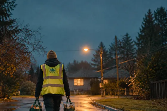 A volunteer in a high visibility vest walking down a wet street at dusk carrying two bags