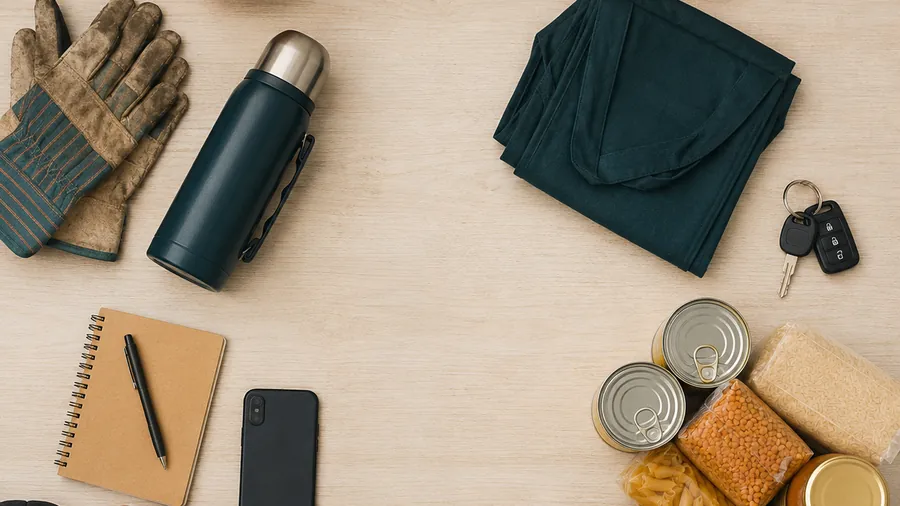 Work gloves, a thermos, keys and sealed supplies laid out on a table with hands resting around the edges