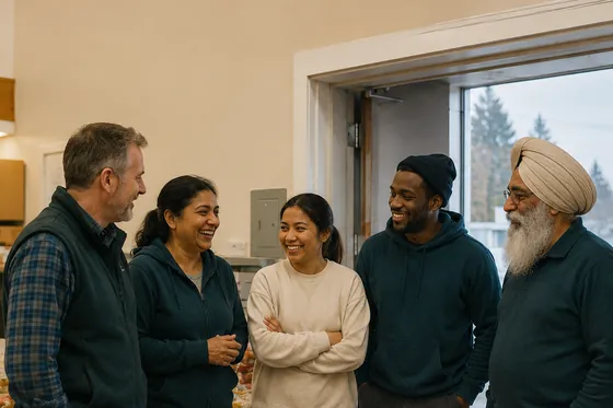 Five volunteers of different ages and backgrounds talking together in a hall doorway